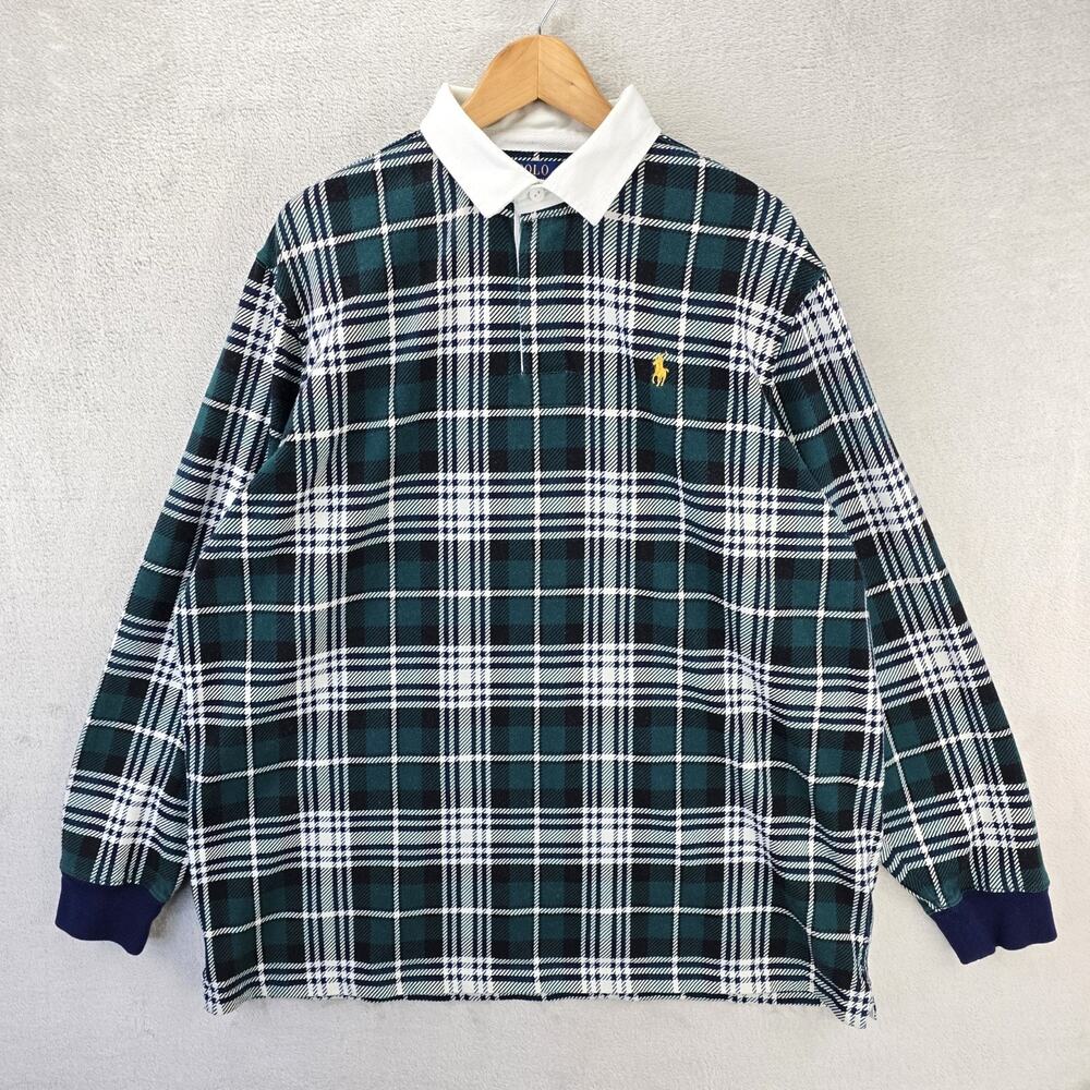 Polo Ralph Lauren Rugby Shirt Mens XL Green Plaid Long Sleeve Classic Fit Tartan